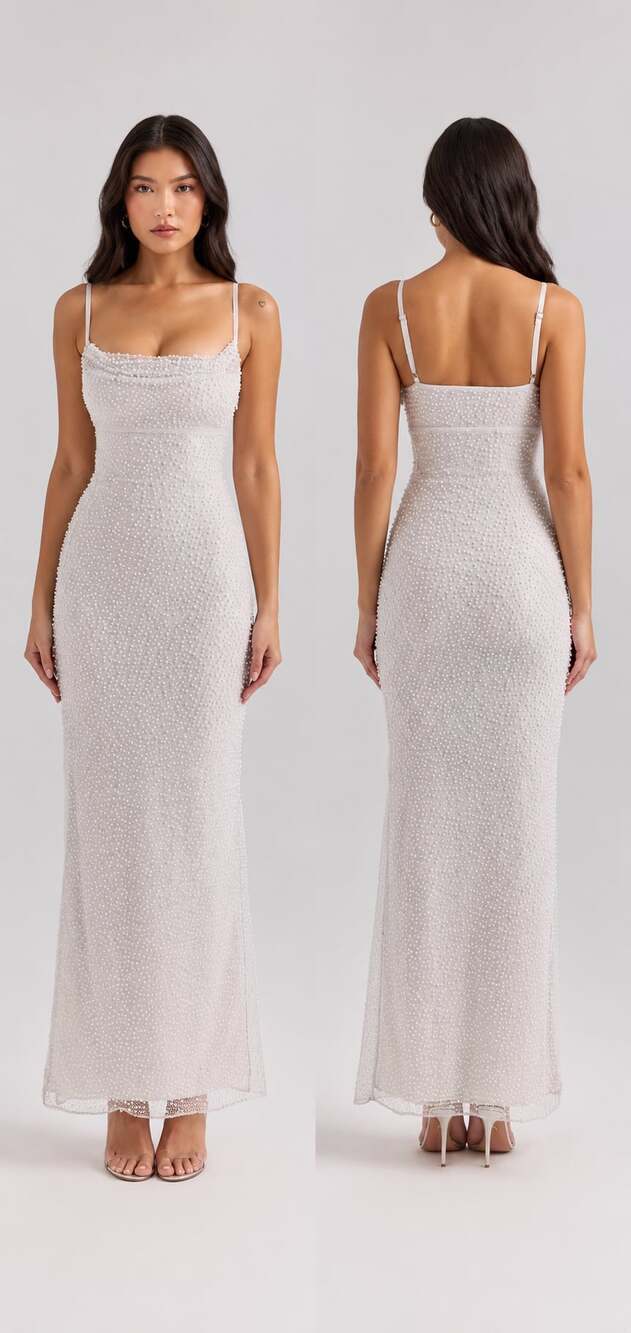 HOUSE OF CB Calla Silver Pearl Embellished Maxi Dress S US 4-6 New with Flaw